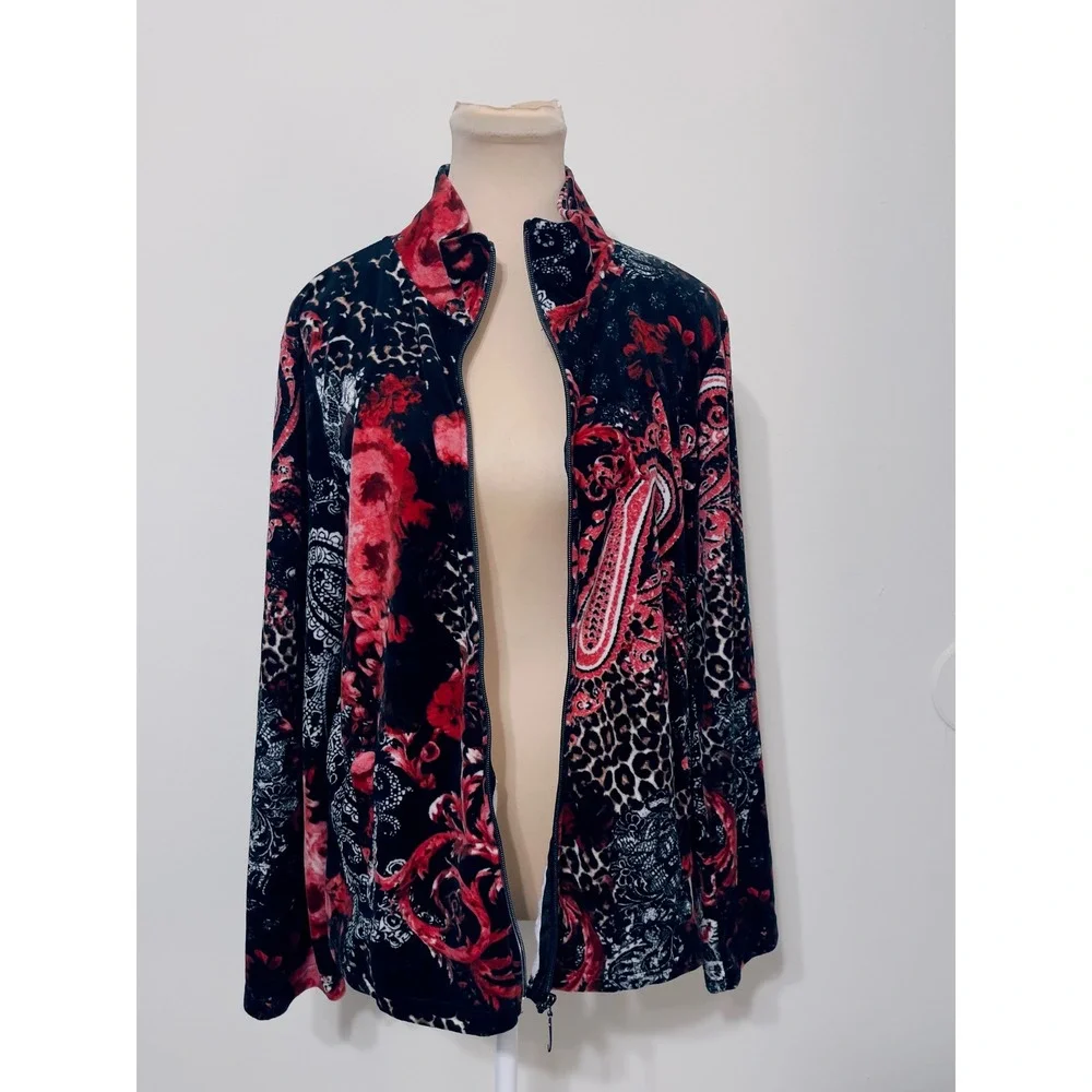 Onque Casual Jacket XL Paisley Leopard Print Red Black Mock Neck Gothic Romantic